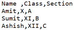 Name , Class, Section 
Amit , X, A 